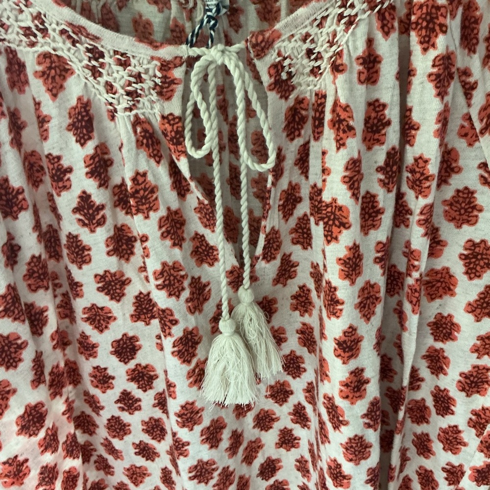 Lucky Brand Boho Tassel Tie Short Sleeve Blouse w/ Smocking - Picture 3 of 5